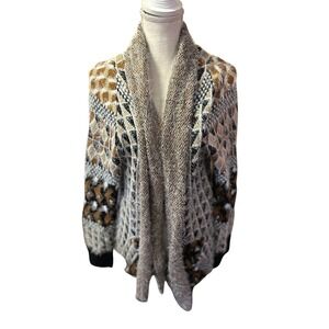 Oliver Fuzzy Knit Cardigan Leopard‎ Print bohemian Sweater Women's Size L New